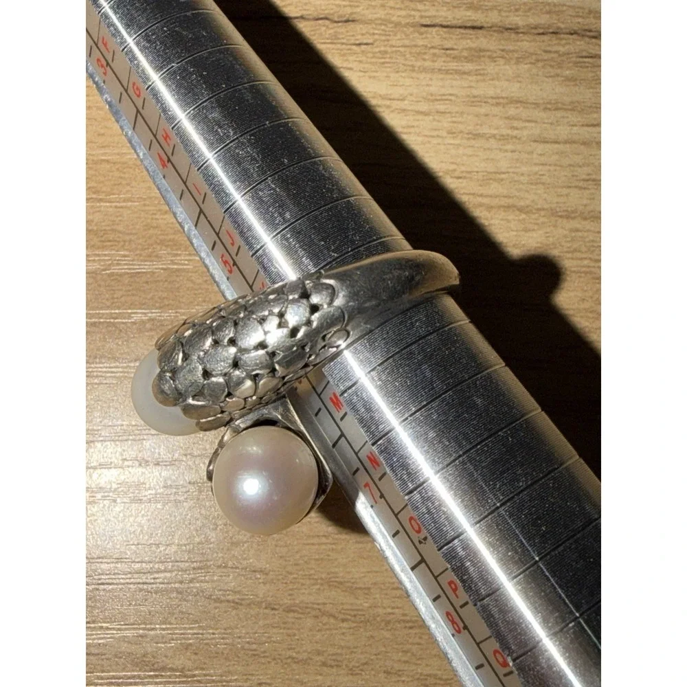 Sterling Silver Snake‎ Skin Texture Crossover Band Pearl Ring Size 6